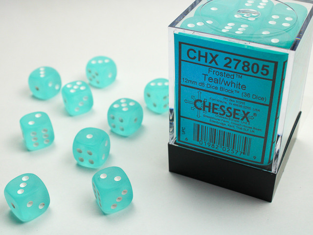 Chessex Frosted 12mm d6 Dice Block (36ct.) - Teal/white