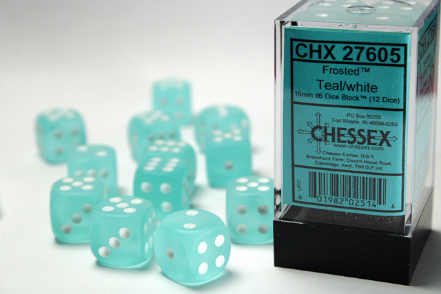 Chessex Frosted 16mm d6 Dice Block (12ct) - Teal/white