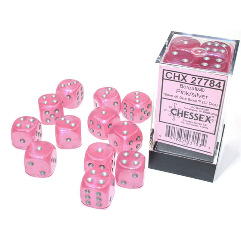 Chessex Borealis® 16mm d6 Dice Block (12ct.) - Pink/Silver Luminary