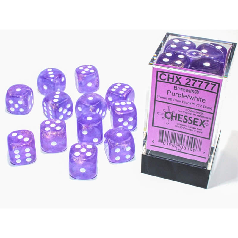 Chessex Borealis® 16mm d6 Dice Block (12ct.) - Purple/White Luminary