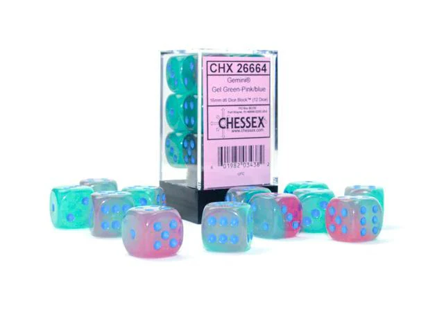 Chessex Gemini 16mm d6 Dice Block (12ct.) - Gel Green-Pink/blue